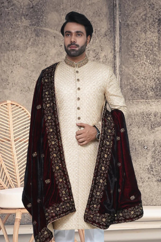 Off White Embroidered Sherwani