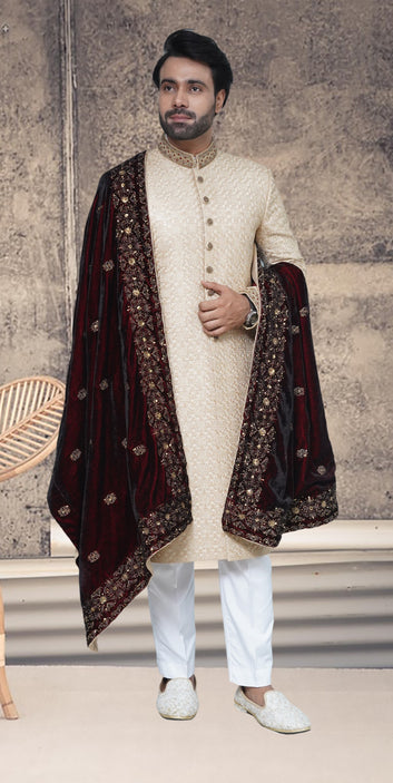 Off White Embroidered Sherwani